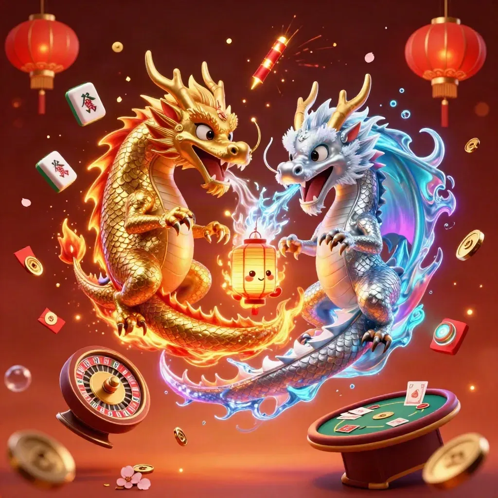 Gold and silver dragons spiral around a lantern spirit amid casino treasures and neon embers.