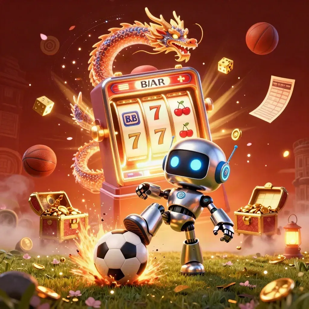 Ground-level cyberpunk soccer kick with robot mascot, dragon, drone, slot burst and gold.