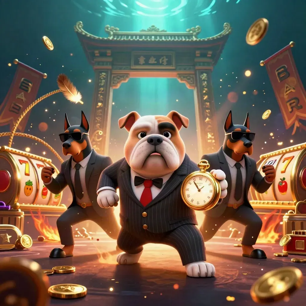 Bulldog mob boss and two Dobermans blast through casino relics in a glowing underwater scene.