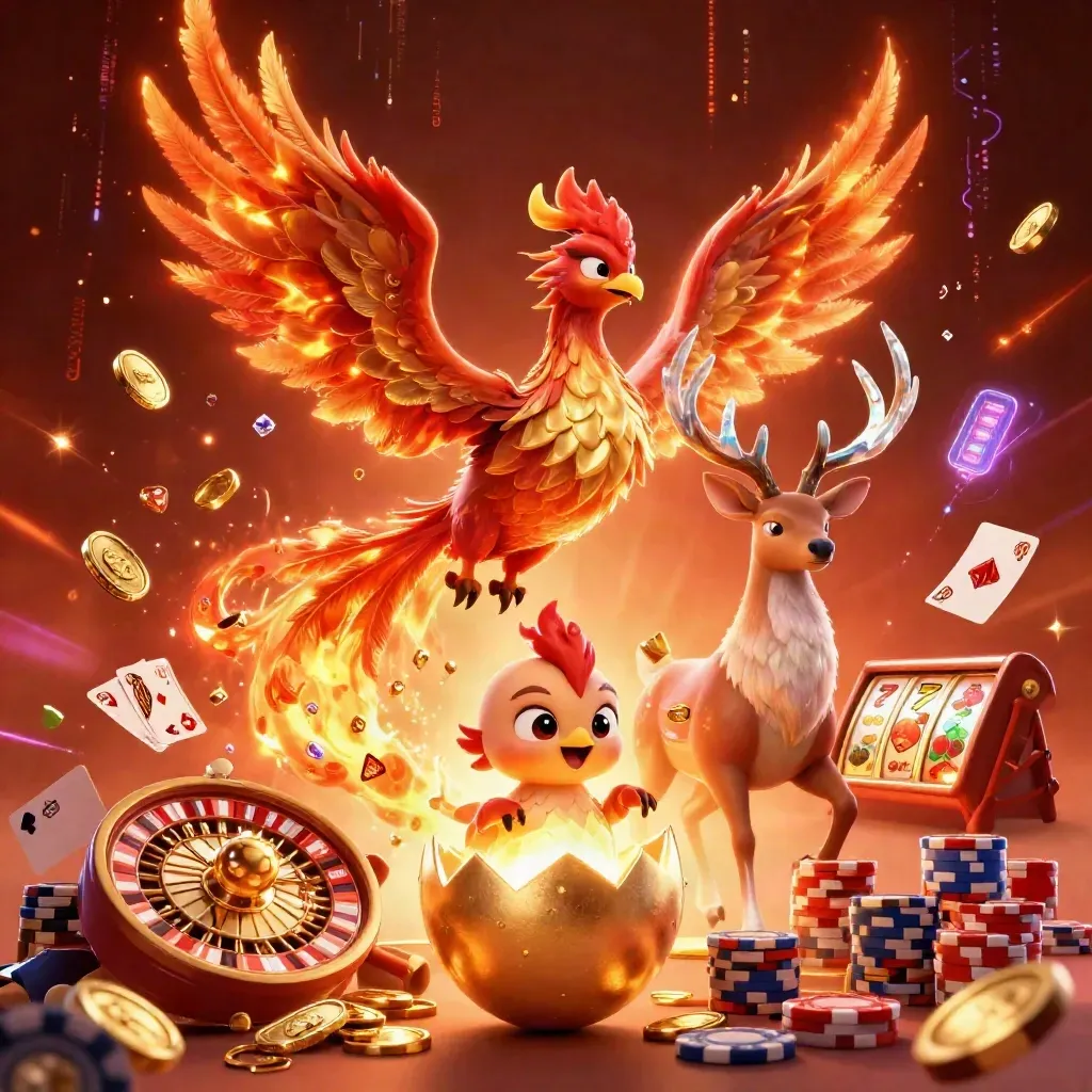 Fire phoenix, hatching chick, and crystal-antler stag amid casino coins, cards, chips, and embers.
