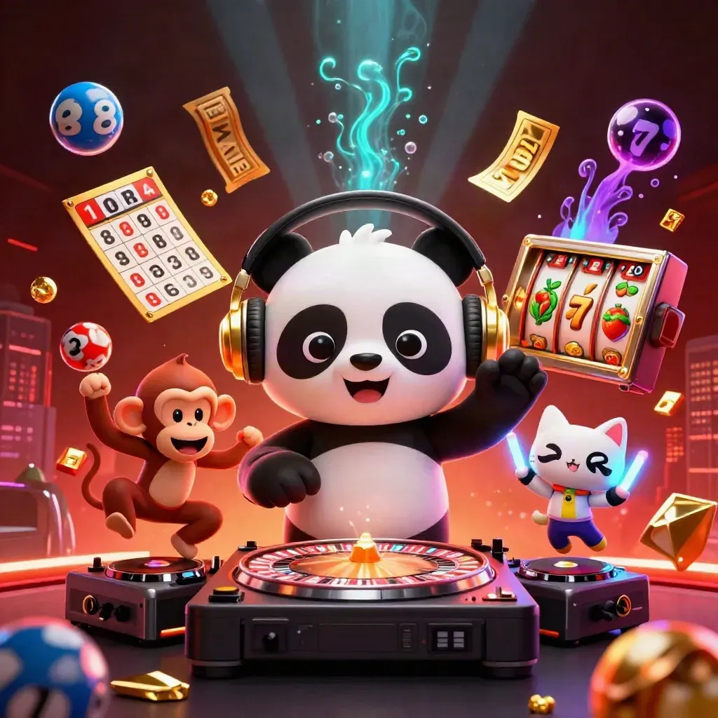 DJ panda, monkey, and glow-kitten blasting casino energy with gold, orange, and neon effects